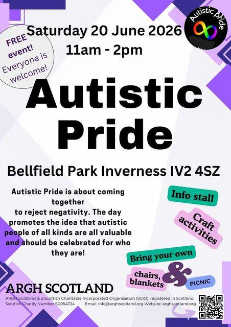 Poster for Autistic Pride Inverness on 20 June 2026 at Bellfield Park.